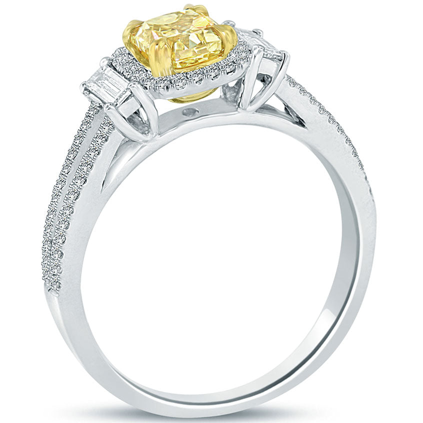 1.16 Carat Fancy Yellow Cushion Cut Diamond Engagement Ring 14k Gold Pave Halo