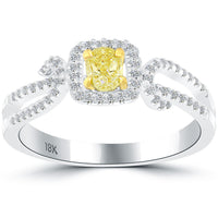 0.65 Carat Fancy Yellow Oval Cut Diamond Engagement Ring 18k Gold Pave Halo
