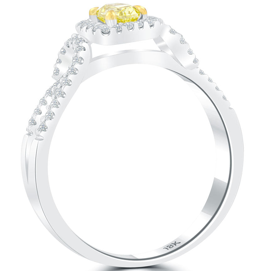 0.65 Carat Fancy Yellow Oval Cut Diamond Engagement Ring 18k Gold Pave Halo