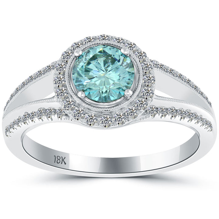 1.27 Carat Fancy Blue Diamond Engagement Ring 18k White Gold Pave Halo