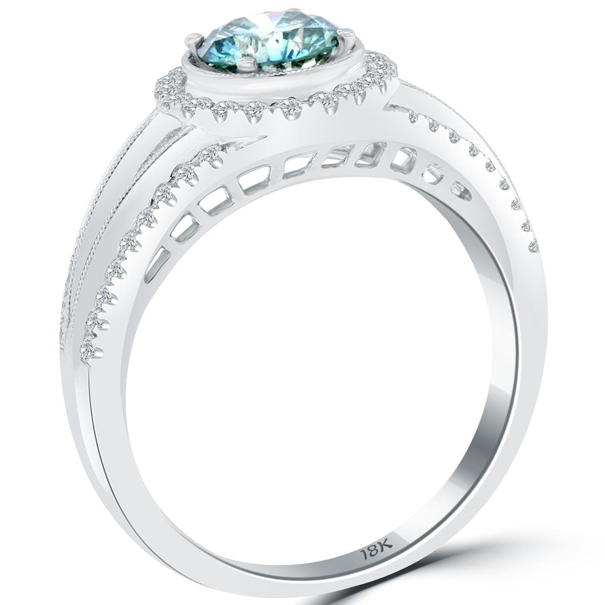 1.27 Carat Fancy Blue Diamond Engagement Ring 18k White Gold Pave Halo