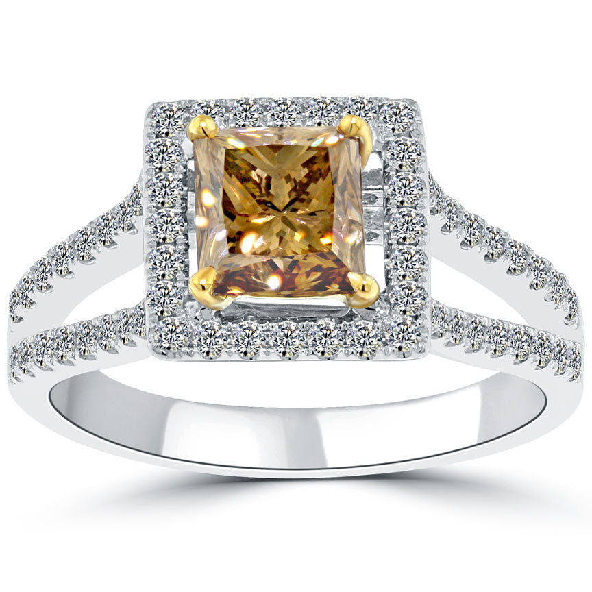 1.93 Carat Fancy Cognac Brown Princess Cut Diamond Engagement Ring 14k Pave Halo