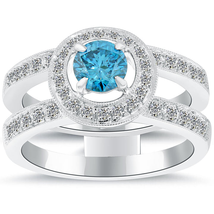 1.16 Carat Fancy Blue Diamond Engagement Ring 14k White Gold Pave Halo