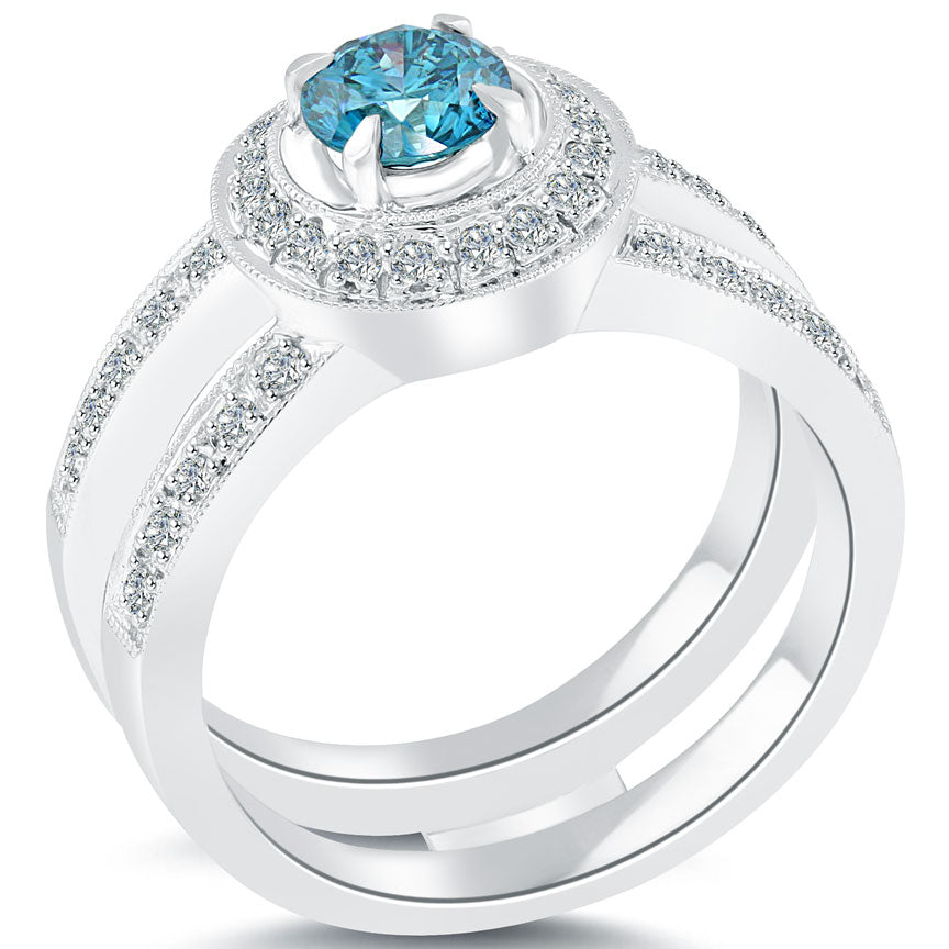 1.16 Carat Fancy Blue Diamond Engagement Ring 14k White Gold Pave Halo