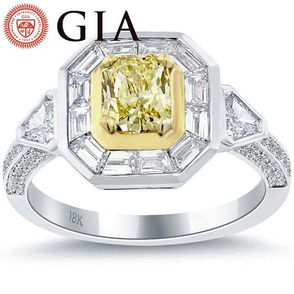 1.80 Carat GIA Certified Fancy Yellow Diamond Engagement Ring 18k Gold Pave Halo