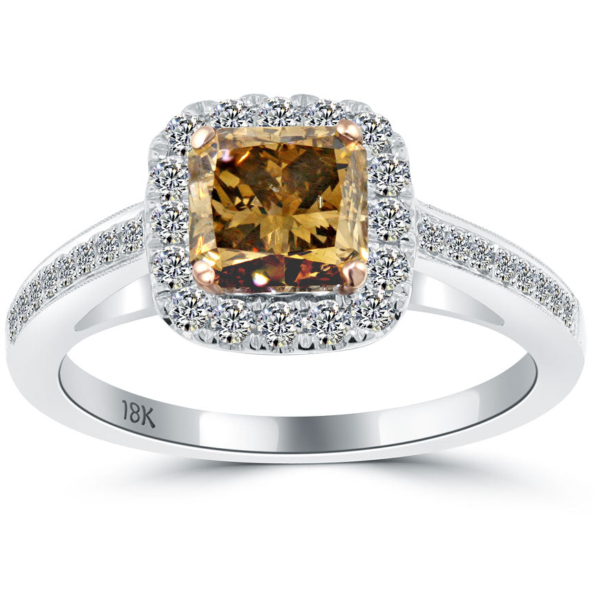 1.82 Carat Fancy Cognac Brown Radiant Cut Diamond Engagement Ring 18k Pave Halo