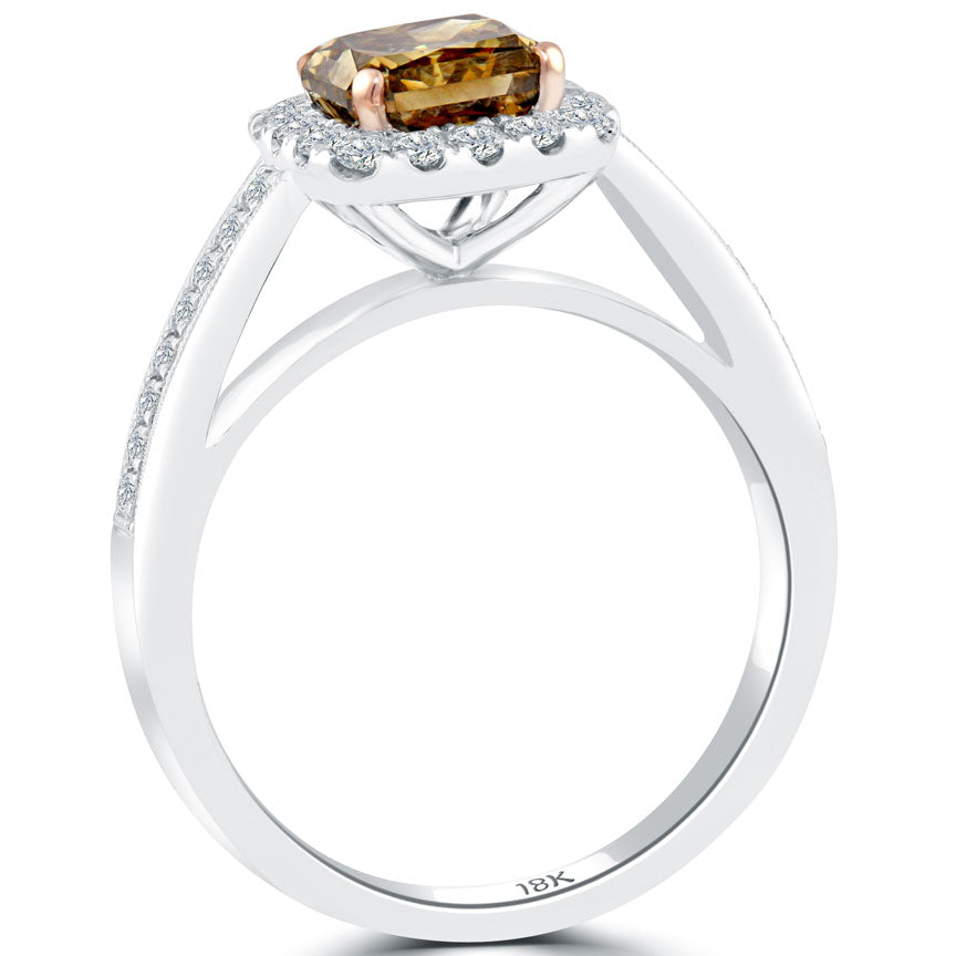 1.82 Carat Fancy Cognac Brown Radiant Cut Diamond Engagement Ring 18k Pave Halo