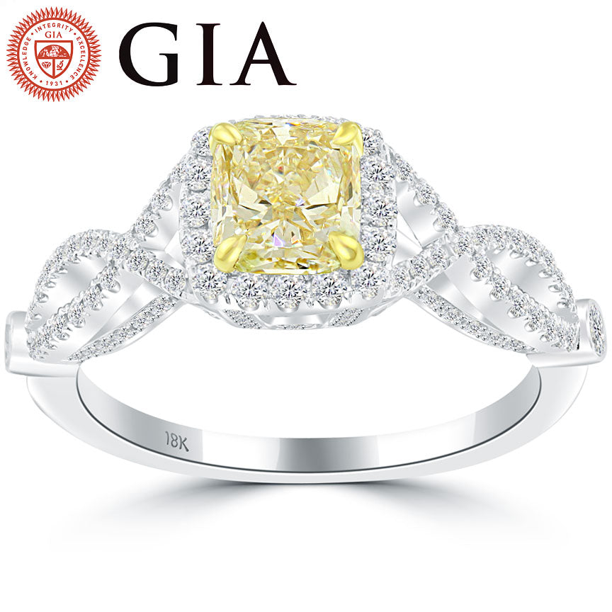 1.65 Ct. GIA Certified Natural Fancy Yellow Cushion Cut Diamond Engagement Ring