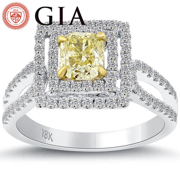 1.53 Ct. GIA Certified Natural Fancy Yellow Cushion Cut Diamond Engagement Ring