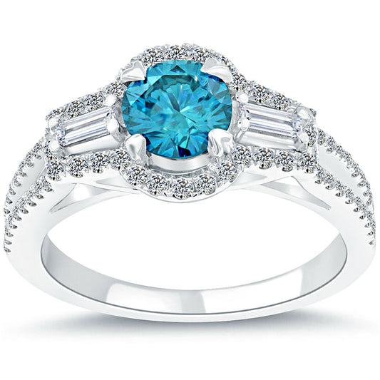 1.42 Carat Fancy Blue Diamond Engagement Ring 14k White Gold Pave Halo