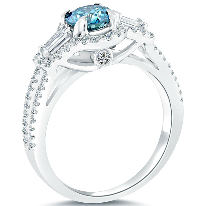 1.42 Carat Fancy Blue Diamond Engagement Ring 14k White Gold Pave Halo