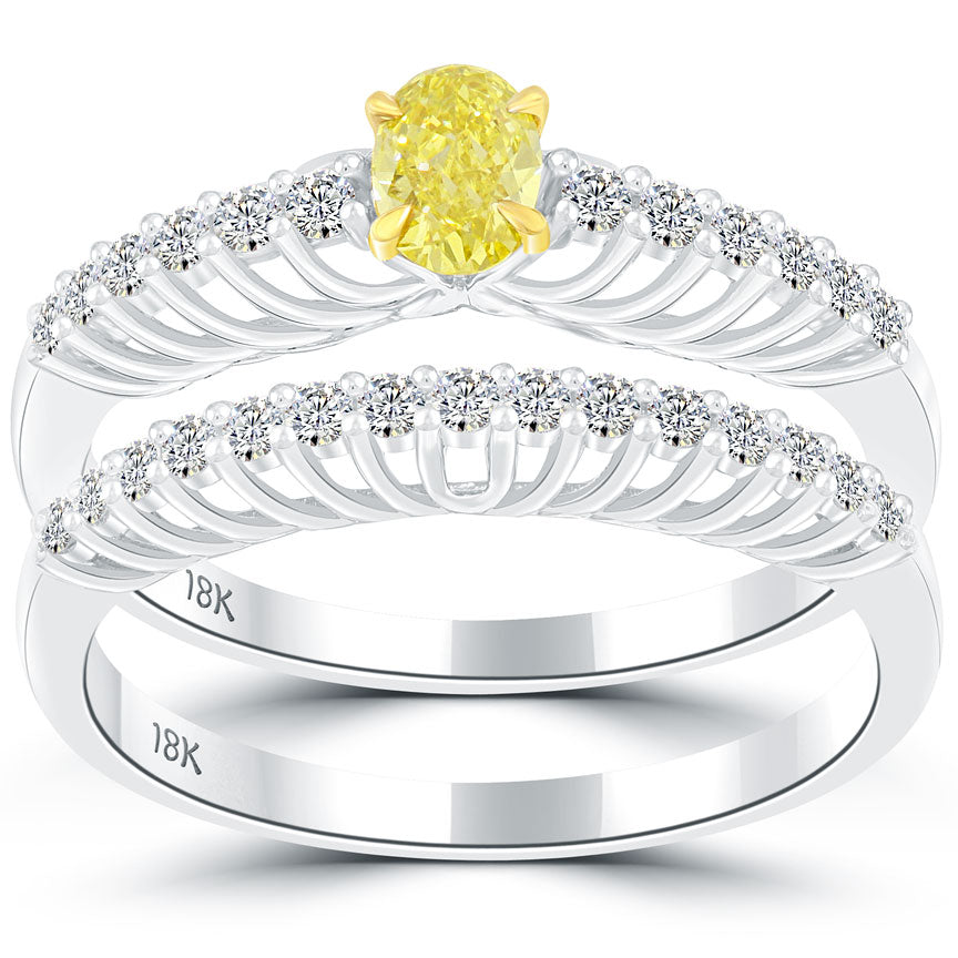 0.72 Carat Fancy Yellow Oval Cut Diamond Engagement Ring & Wedding Band Set 18k