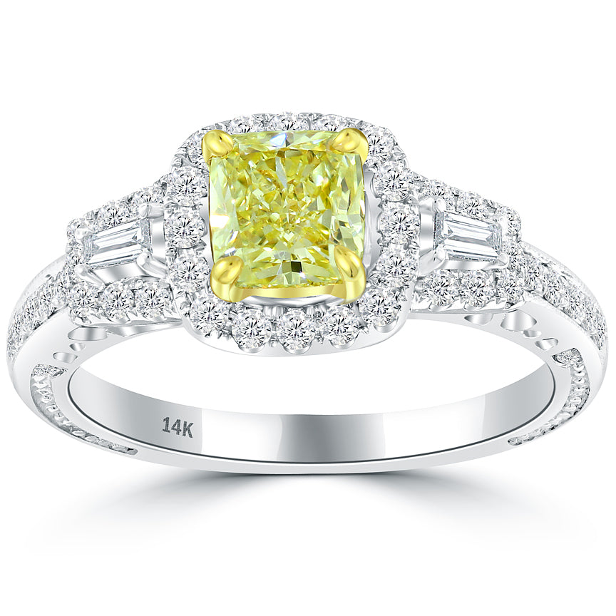 1.75 Carat Fancy Yellow Cushion Cut Diamond Engagement Ring 14k Vintage Style
