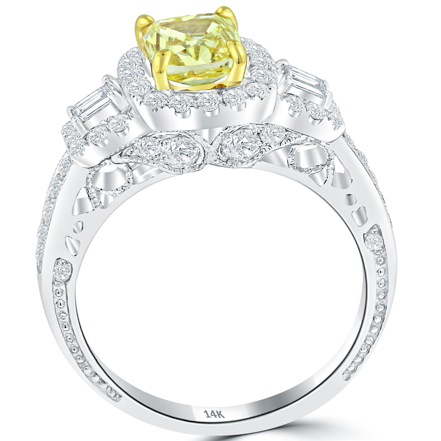 1.75 Carat Fancy Yellow Cushion Cut Diamond Engagement Ring 14k Vintage Style