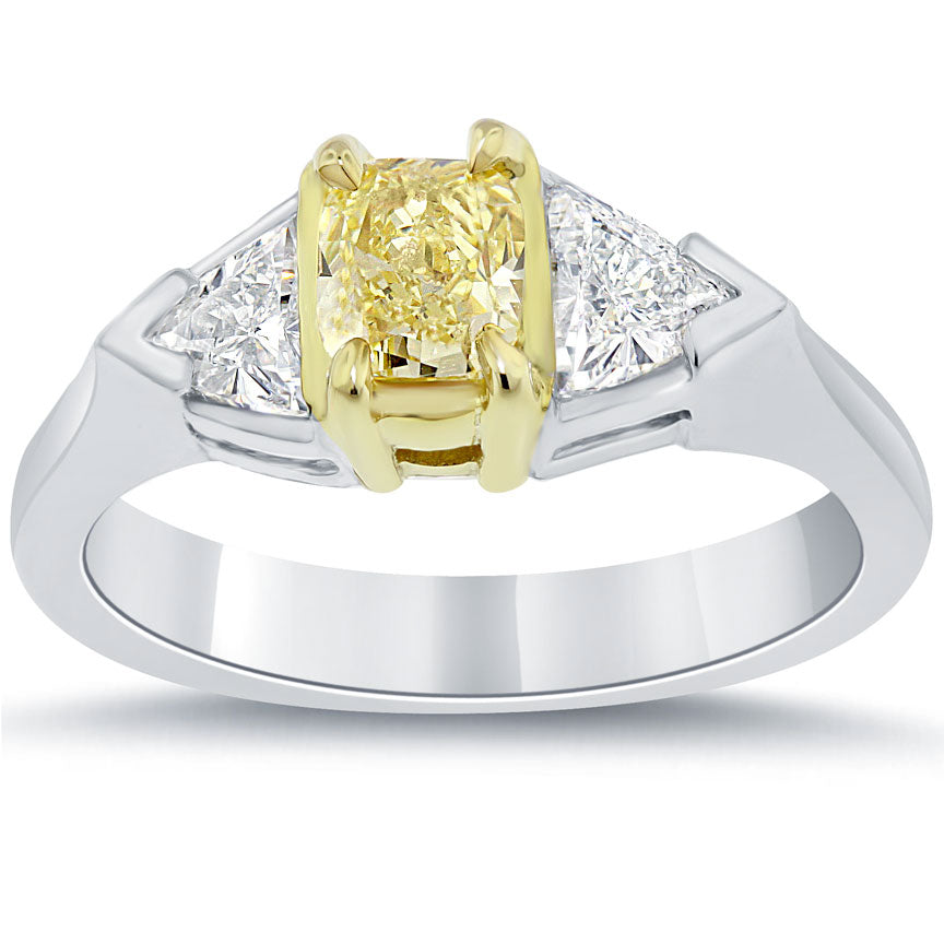 1.46 Carat Cushion Cut Fancy Yellow Three Stone Diamond Engagement Ring 14k Gold