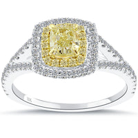 1.05 Carat Fancy Yellow Cushion Cut Diamond Engagement Ring 18k Gold Pave Halo