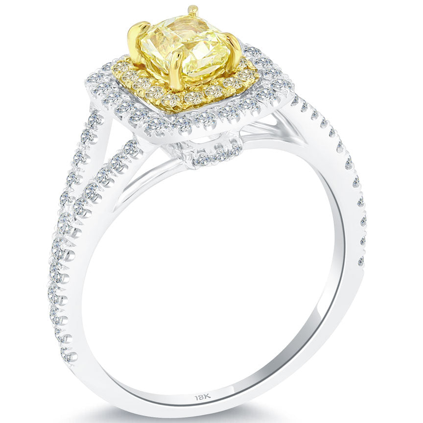 1.05 Carat Fancy Yellow Cushion Cut Diamond Engagement Ring 18k Gold Pave Halo
