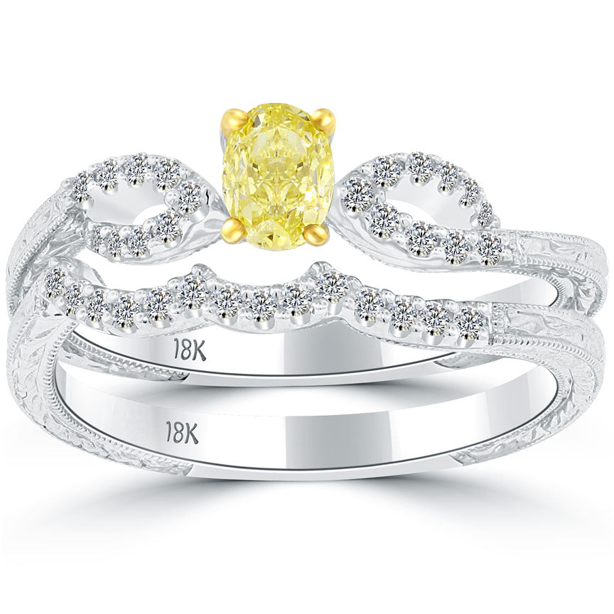 0.71 Carat Fancy Yellow Oval Cut Diamond Engagement Ring & Wedding Band Set 18k