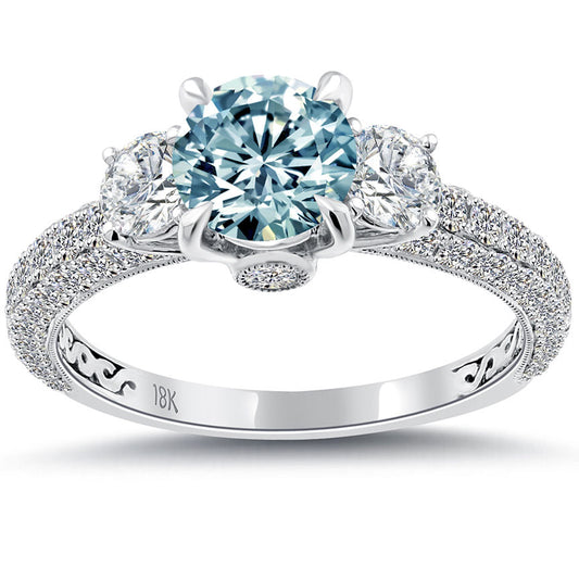 2.09 Carat Fancy Blue & White Round Cut Three Stone Diamond Engagement Ring 18k