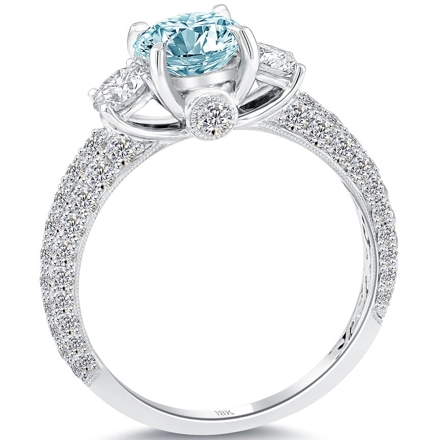 2.09 Carat Fancy Blue & White Round Cut Three Stone Diamond Engagement Ring 18k