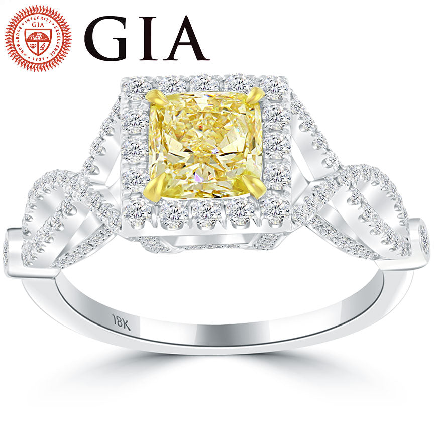 1.94 Carat GIA Certified Fancy Intense Yellow Diamond Engagement Ring 18k Gold