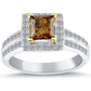 1.66 Carat Fancy Cognac Brown Princess Cut Diamond Engagement Ring 14k Pave Halo