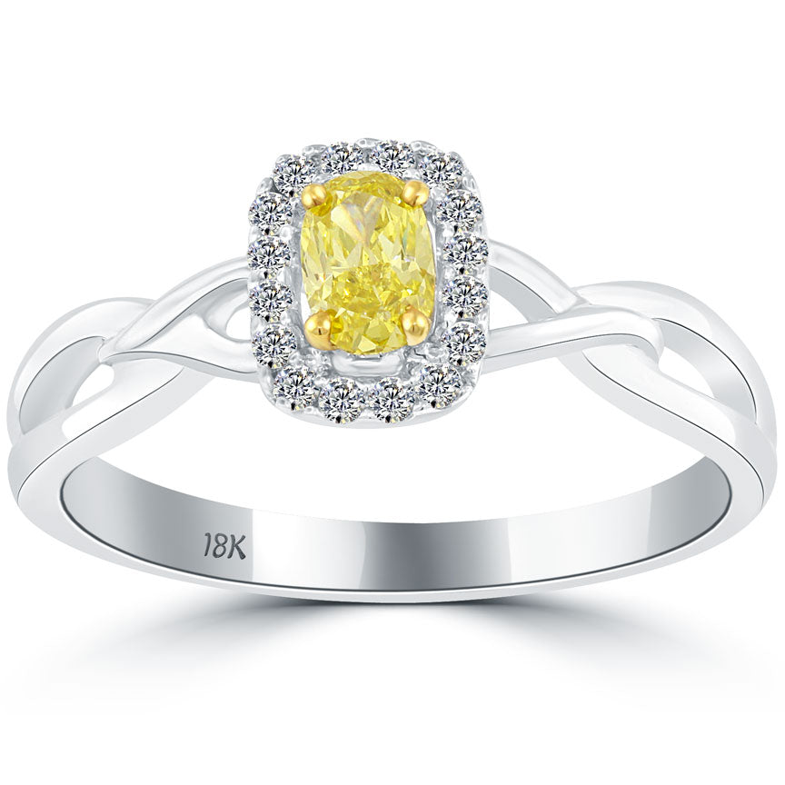 0.36 Carat Fancy Yellow Oval Cut Diamond Engagement Ring 18k Gold Pave Halo