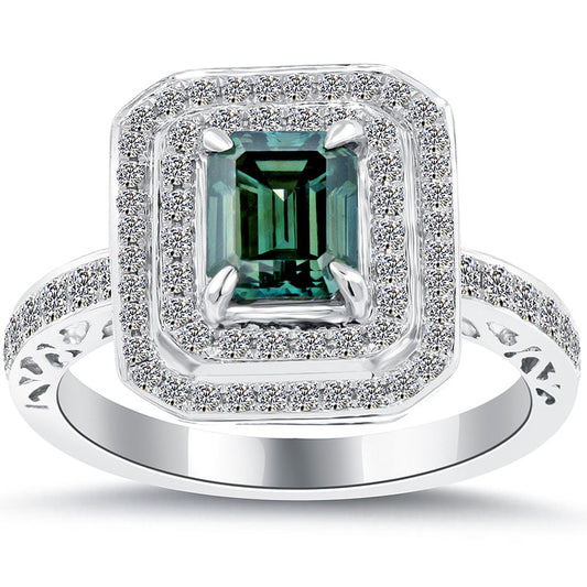 1.63 Carat Fancy Greenish Blue Emerald Cut Diamond Engagement Ring 14k Gold