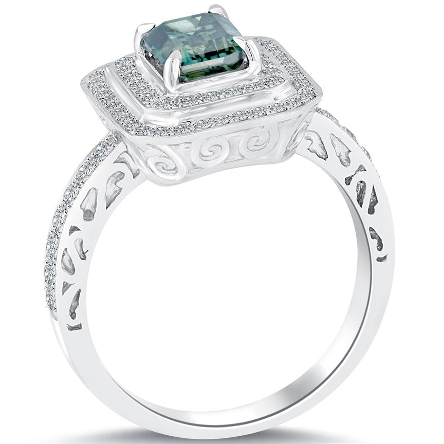 1.63 Carat Fancy Greenish Blue Emerald Cut Diamond Engagement Ring 14k Gold