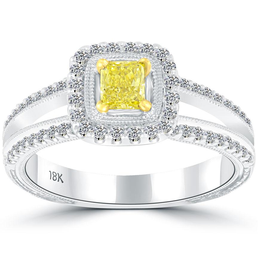 0.85 Carat Fancy Yellow Princess Cut Diamond Engagement Ring 18k Gold Pave Halo