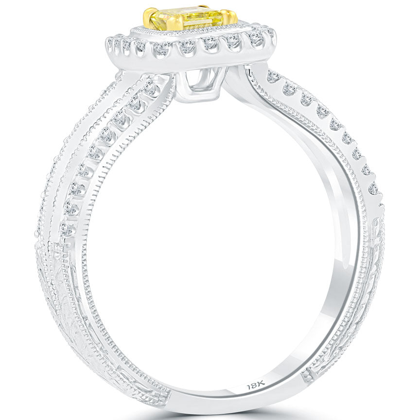 0.85 Carat Fancy Yellow Princess Cut Diamond Engagement Ring 18k Gold Pave Halo
