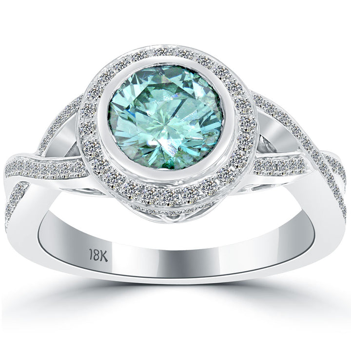2.19 Carat Fancy Blue Diamond Engagement Ring 18k White Gold Pave Halo