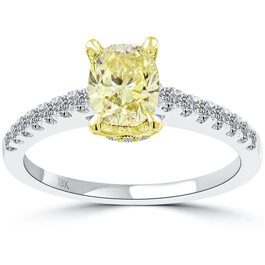 1.40 Carat Fancy Yellow Cushion Cut Diamond Engagement Ring 18k White Gold