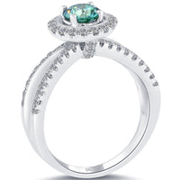 1.46 Carat Fancy Blue Diamond Engagement Ring 18k White Gold Pave Halo