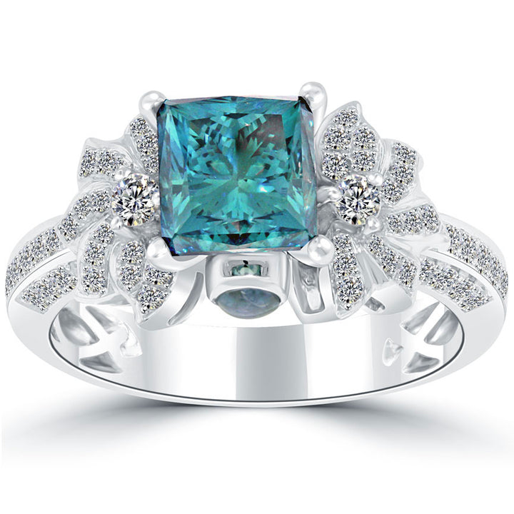 2.81 Carat Fancy Blue Princess Cut Diamond Engagement Ring 18k White Gold