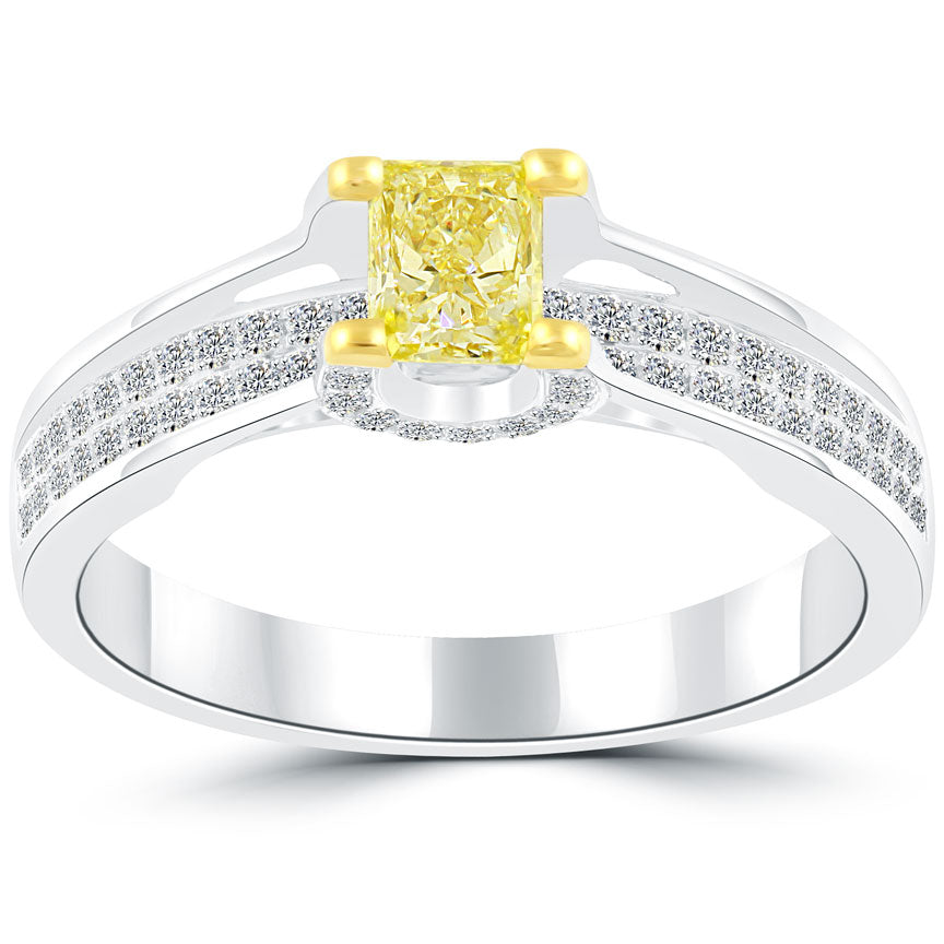 0.82 Carat Fancy Yellow Radiant Cut Diamond Engagement Ring 18k White Gold