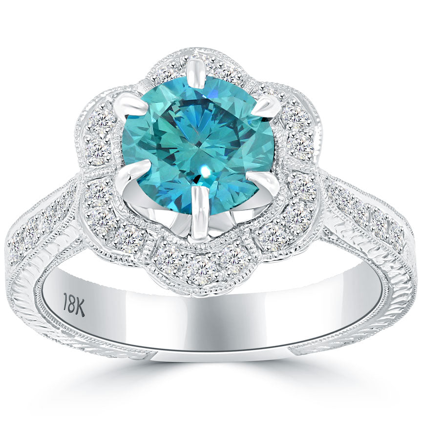 2.15 Carat Fancy Blue Diamond Engagement Ring 18k White Gold Pave Halo