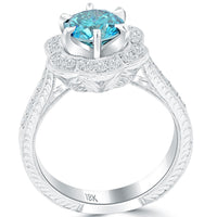2.15 Carat Fancy Blue Diamond Engagement Ring 18k White Gold Pave Halo