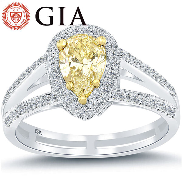 1.20 Ct. GIA Certified Fancy Yellow Pear Shape Diamond Engagement Ring 18k Gold