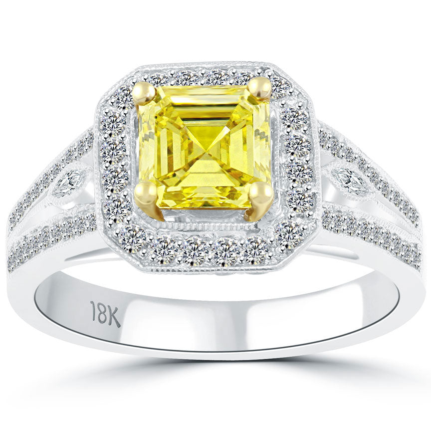 2.02 Carat Fancy Yellow Asscher Cut Diamond Engagement Ring 18k Pave Halo