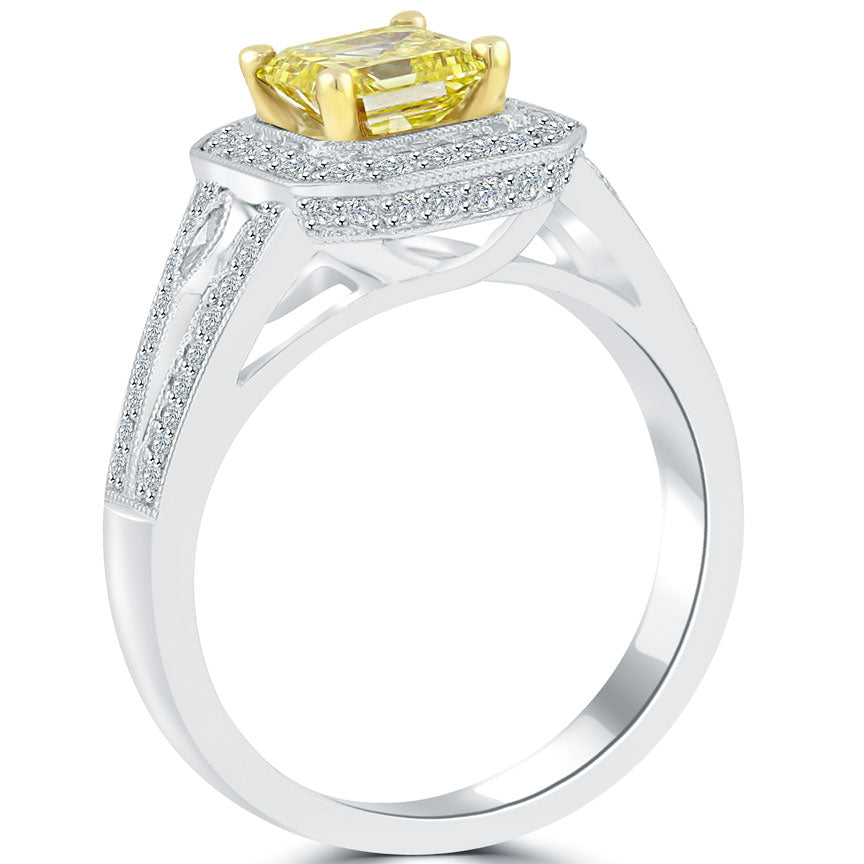 2.02 Carat Fancy Yellow Asscher Cut Diamond Engagement Ring 18k Pave Halo