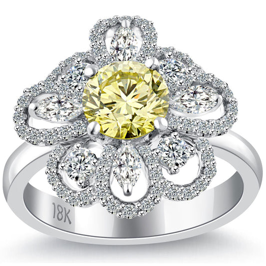 2.01 Carat Fancy Yellow Diamond Flower Shape Engagement Ring 18k White Gold