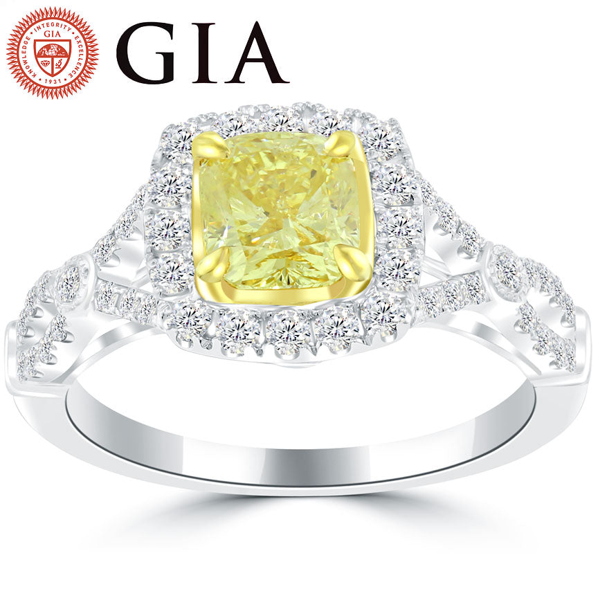 1.59 Ct. GIA Certified Natural Fancy Yellow Cushion Cut Diamond Engagement Ring