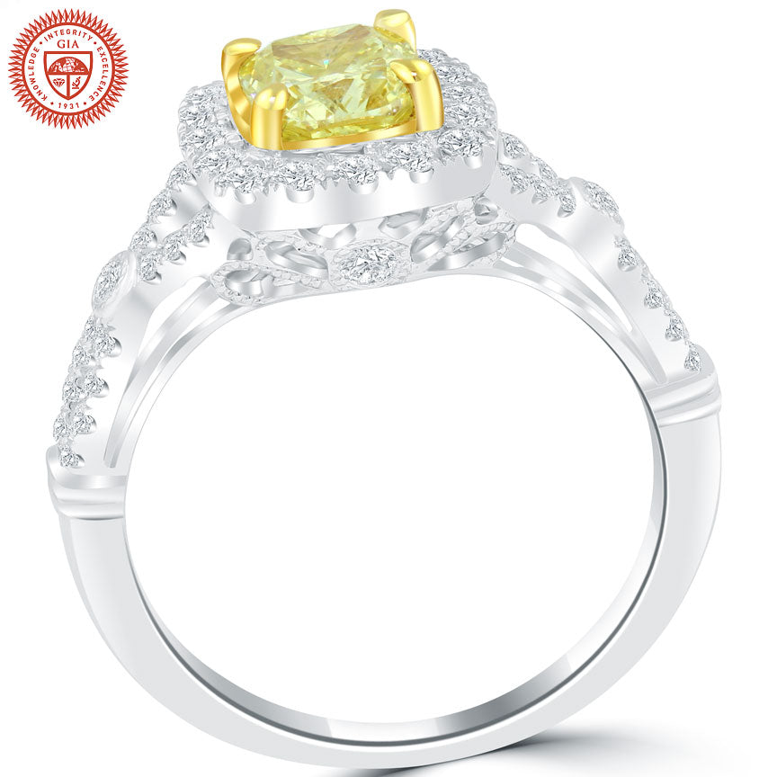 1.59 Ct. GIA Certified Natural Fancy Yellow Cushion Cut Diamond Engagement Ring