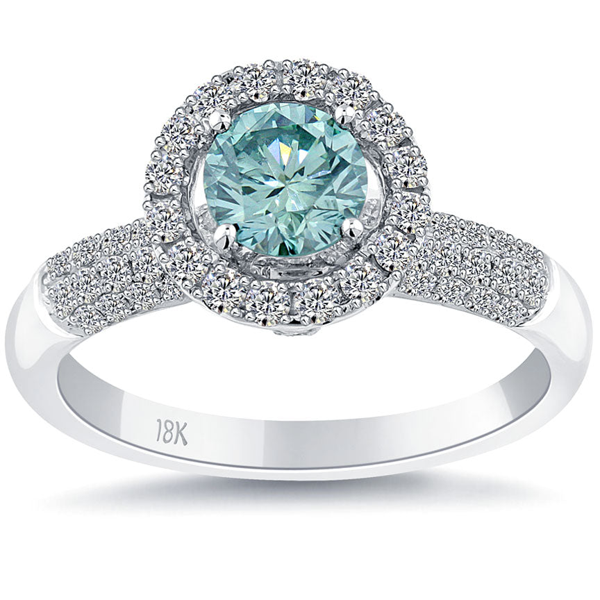 1.47 Carat Fancy Blue Diamond Engagement Ring 14k White Gold Pave Halo
