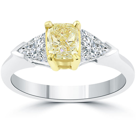 1.70 Carat Cushion Cut Fancy Yellow Three Stone Diamond Engagement Ring 14k Gold