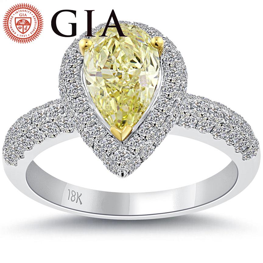 2.63 Ct. GIA Certified Fancy Yellow Pear Shape Diamond Engagement Ring 18k Gold