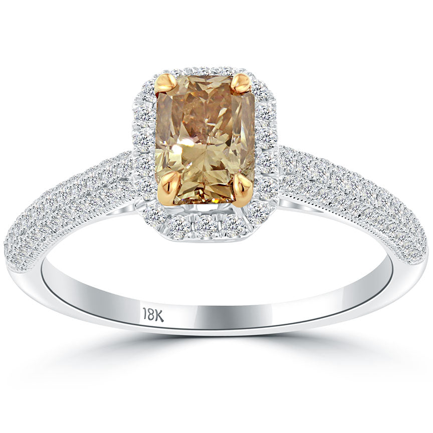 1.48 Carat Fancy Cognac Brown Radiant Cut Diamond Engagement Ring 18k Pave Halo