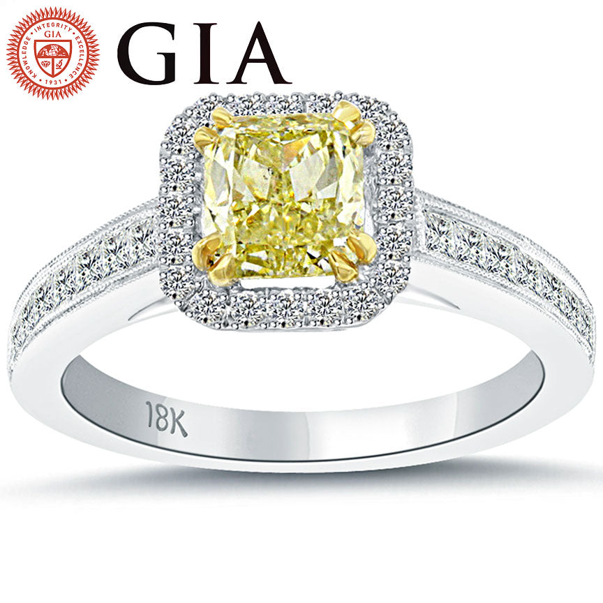 1.63 Carat GIA Certified Fancy Yellow Diamond Engagement Ring 18k Gold Pave Halo