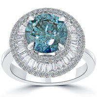 4.16 Carat Fancy Blue Diamond Engagement Ring 14k Gold Pave Halo Vintage Style